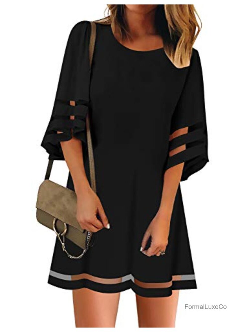 Women Casual Crewneck Mesh Panel Bell Sleeve Loose Tunic Dress